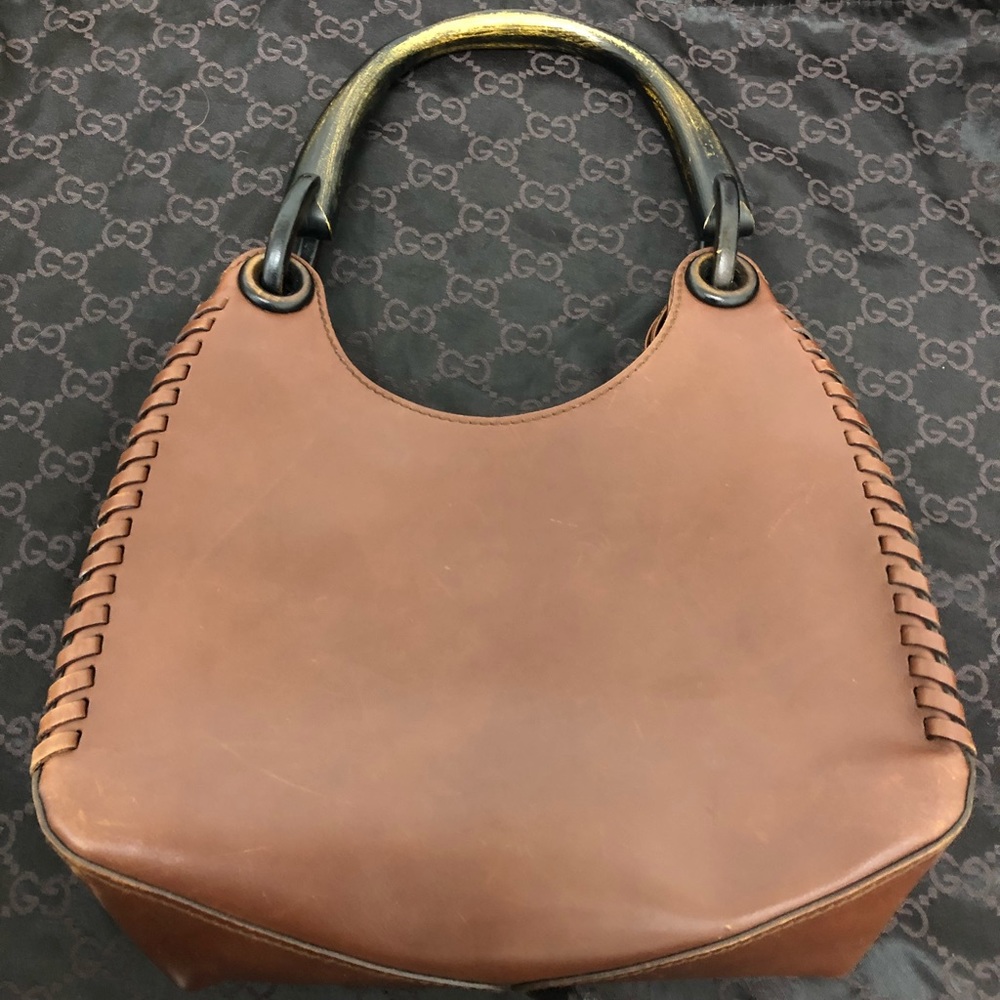 Gucci Brown Leather Bag with Wooden Handle